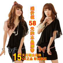 2012夏装新款韩版女装拼接包臀蕾丝大码打底V领雪纺连衣裙