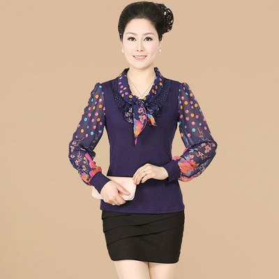 静儿恋语妈妈装t恤长袖 中老年女装 春装T恤 打底衫 中年女雪纺衫