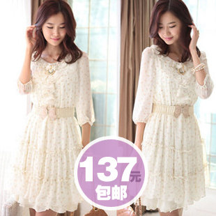 新款夏<span class=H>装</span>2012<span class=H>甜美</span>淑碎花荷叶花边圆领短中袖女春款雪纺连衣裙子