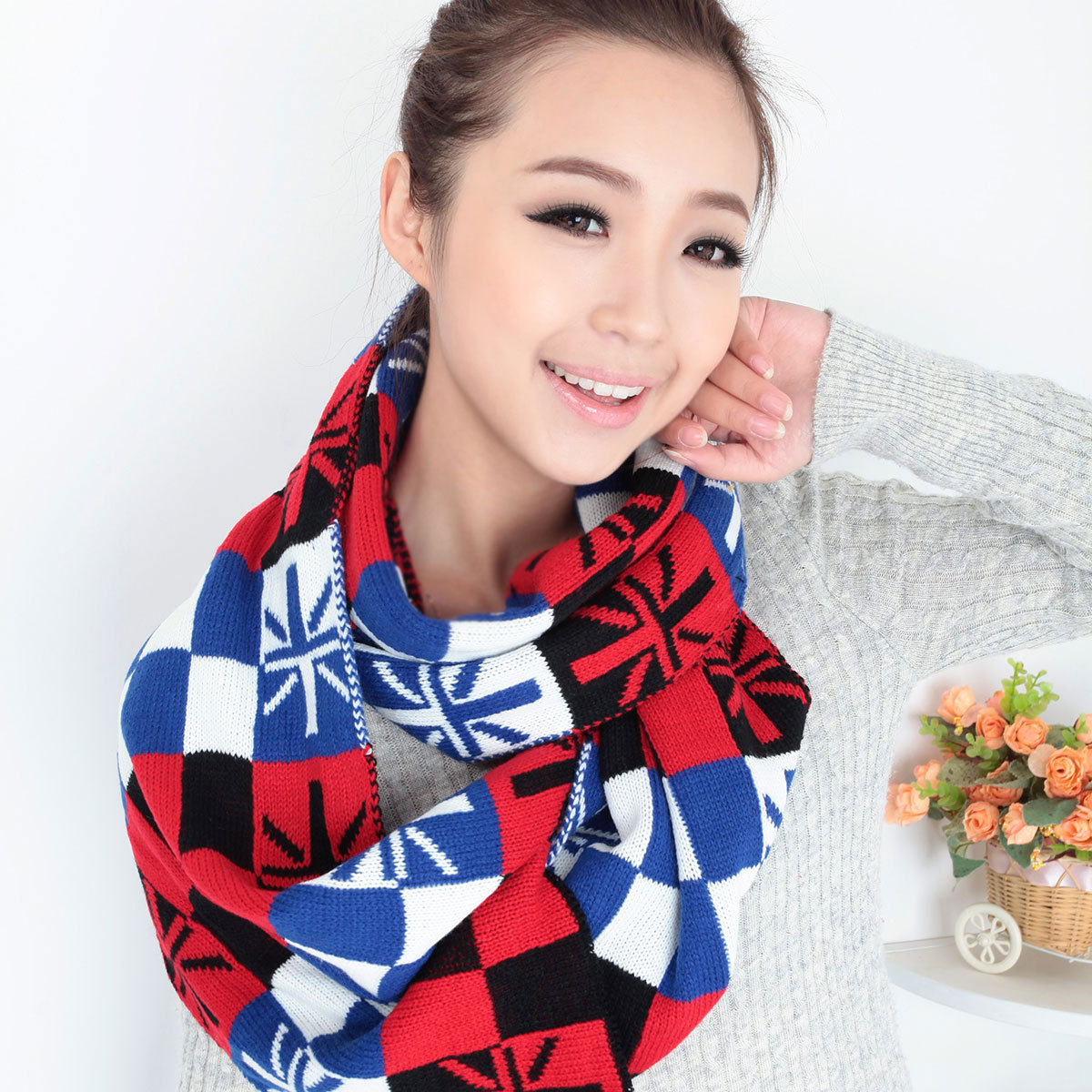 撞色毛线围巾女士...