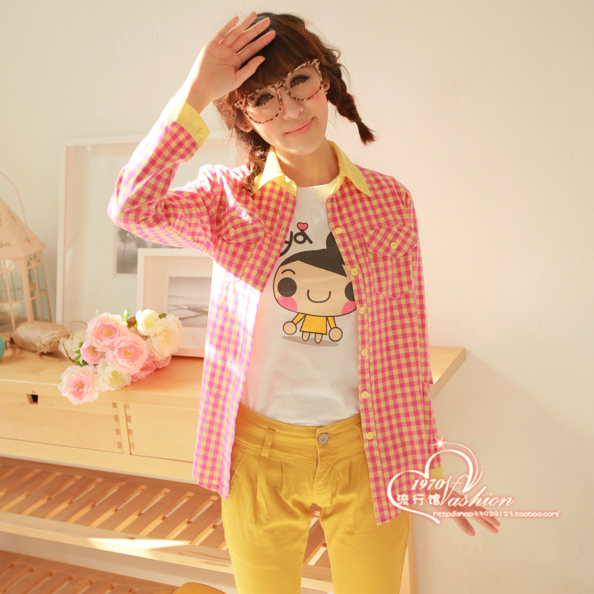 小方格 长袖衬衫...