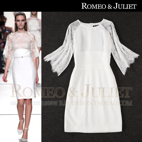 【设计师】2014欧美春夏女装新款 透视喇叭袖修身白色蕾丝连衣裙