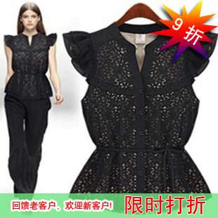 2012 Summer Euro-American retro wild women's skinny blouse fly fly v neck sleeveless lace shirt sleeve shirt