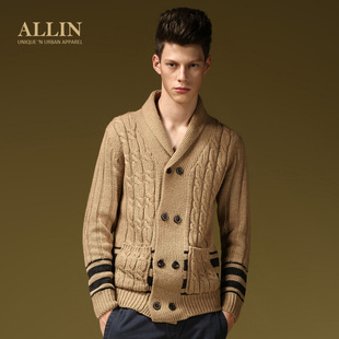  ALLIN男装 秋冬新品 韩版修身V领毛衣 男士针织衫开衫外套MY6880