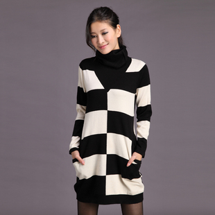  雪仪春 秋冬新款 女式正品羊毛衫高领连衣裙 时尚格子毛衣