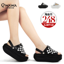 淘金币 BAYQWEB百葵正品 真皮摇摇鞋厚底鞋松糕鞋松糕凉鞋11558