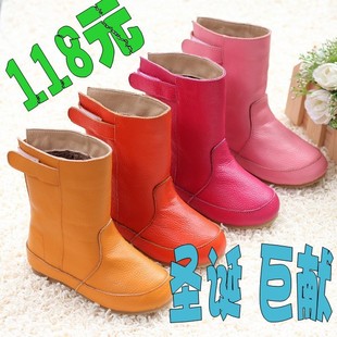  圣诞韩版童鞋牛皮雪地靴女童皮靴中大童亲子马丁靴棉鞋批发价
