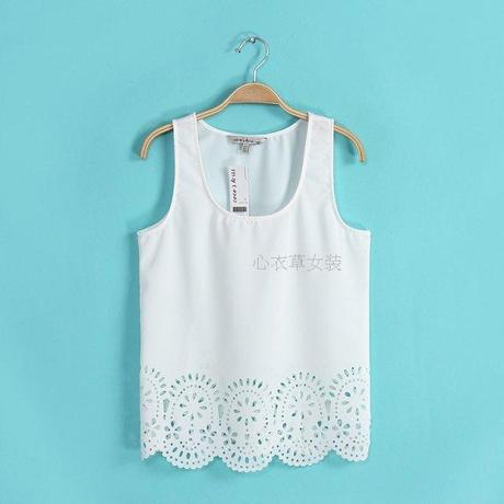 2014新款热销欧美风百搭白色镂空雪纺打底背