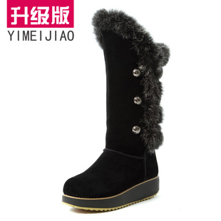  松糕坡跟鞋正品雪地靴女靴三粒扣牛皮兔毛厚底靴冬季靴长靴