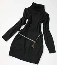 ONLY秋冬新款高领腰带修身加厚羊毛长款毛衣裙黑