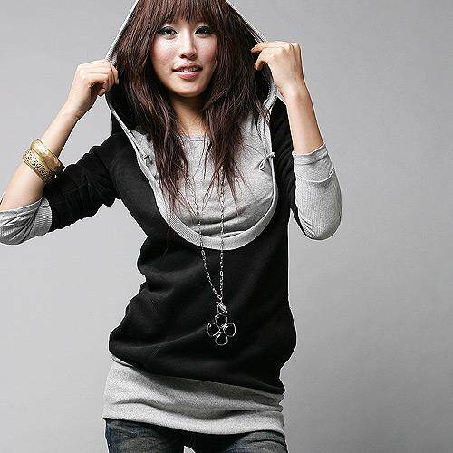2012新品 秋冬韩版女装外套热卖 w23 长袖假两件套连帽卫衣