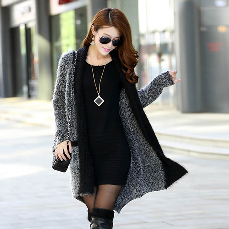 邮 2014韩版中长款长袖长毛针织休闲<em>女开衫厚</em>