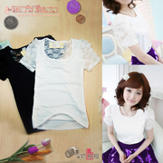 韩版夏装纯色女生蕾丝短袖泡泡，袖修身黑色，白色t恤女装上衣打底衫