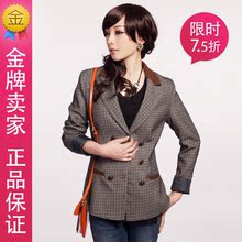 2012vero春装新款韩版修身英伦耸肩格子拼皮Moda小西装女装小外套