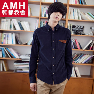  AMH韩国春装新品纯色修身长袖灯芯绒衬衫NR1005輣亓