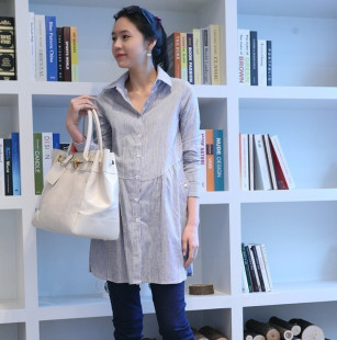 Add your child Korean women Pack spring clothing blue striped  shirts clothing women shirt pregnant women C5070