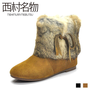  西村名物秋冬季真皮磨砂牛皮女鞋雪地靴女靴兔毛短靴子X224S59208