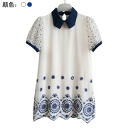 2013夏甜美日系刺绣，拼接撞色复古娃娃，领宽松a字版雪纺连衣裙