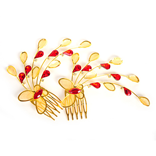  蝶戏花间-红色新娘头饰头花金色古装发钗新娘发簪结婚首饰配饰