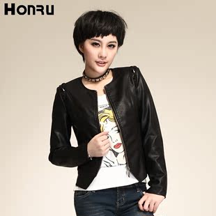  洪茹秋冬新款欧美女装外套 pu皮衣女短款修身夹克圆领机车服