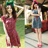 as安都2011夏新款女装韩版趣味印花荷叶短袖连衣裙（4色）9113204