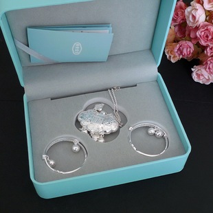  S990纯银饰长命锁 婴儿童手镯 宝宝满月套装 龙年银锁 豪华版礼盒