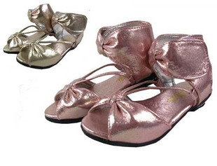  新款夏鞋女孩中童金属色蝴蝶结芭蕾舞式凉鞋儿童凉鞋(26-30)