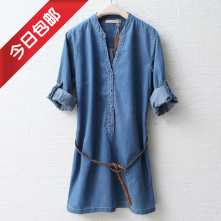 2012 spring clothing new Europe and  spring MaxMara collar long sleeve washed denim dress belt feeding WQ1302