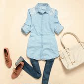 2012 spring new Europe and the United States women's sweet lace stitching lapel washed denim long-sleeved pull shirt shirt