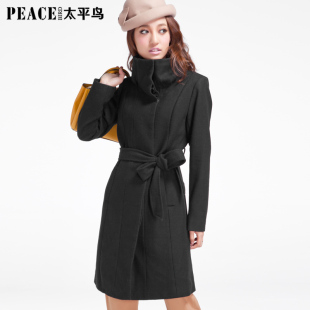  太平鸟女装新品 立领褶皱加厚修身大衣 中长款半高领淑女女式风衣