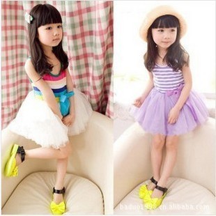  夏装新款 儿童彩条蝴蝶结连衣裙公主纱裙蓬蓬裙背心裙