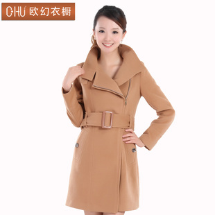  欧幻1212冬装新款女毛呢大衣中长款韩版大码女大衣外套拉链呢大衣