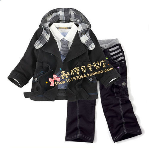现货09冬韩版MiniBear黑色炫酷超帅棉袄男童套装棉服+棉裤包邮