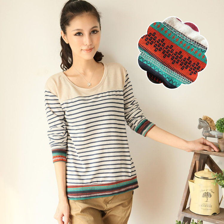 民族风条纹休闲长袖...