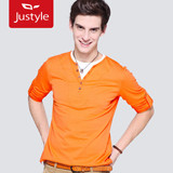 【Justyle】2012时尚简约V领挽袖假两件男士长袖T恤撞色长T男