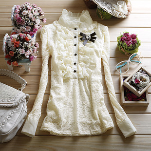  春秋品质女装 立领唯美雪纺荷叶花边领衬衫袖 长袖蕾丝衫上衣小衫