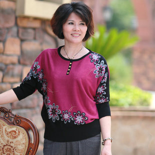 爱妈美 蝙蝠袖电脑提花中年女装秋装针织衫气质妈妈装t恤*M1903