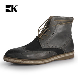  伯帝酷奇秋冬新款真皮男靴子中筒布洛克休闲鞋英伦男鞋工装靴