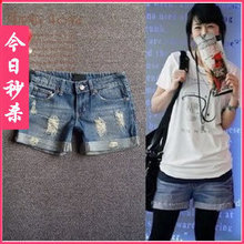 心印*2012新款夏装夏季女装时尚水洗做旧磨破卷边牛仔短裤