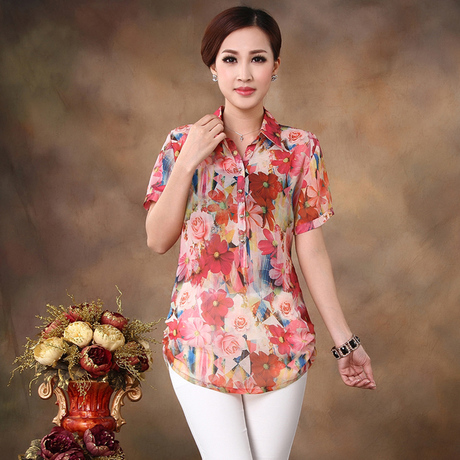 <em>哥弟</em>真丝衬衫<em>女</em>短袖桑蚕丝<em>上衣</em>大码印花衬衣丝