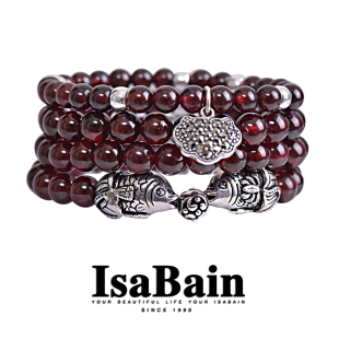  IsaBain泰银曼谷银天然石榴石酒红多圈心锁双鱼女款手链附送证书
