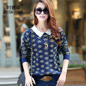 春装新款2014<em>娃娃领短款毛衣</em>皇冠韩版针织衫