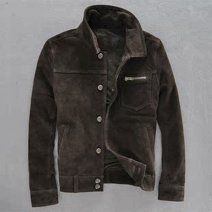  欧美高端男新款　超酷手工头层牛皮真皮皮衣男式机车皮休闲外套