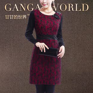  修身加厚冬女裙甘甘秋冬羊毛呢连衣裙大码长袖蕾丝连衣裙新款G533