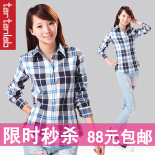 高品质 88元抢!2012新款女装长袖 格子衬衫女 韩版 格..