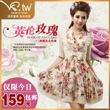 热卖包邮2012夏季新款品质女装V领短袖花色碎花雪纺连衣裙子S2323