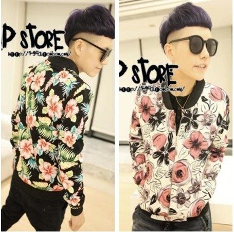 2012 tide male flowers flower forest Crescent coat without collar coat cotton slim short zipper jacket-coat