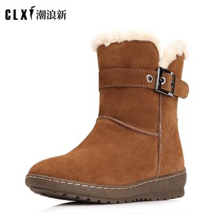  圣诞回馈 潮浪新 爆款牛皮厚毛绒保暖坡跟短款雪地靴CLX1206-3M