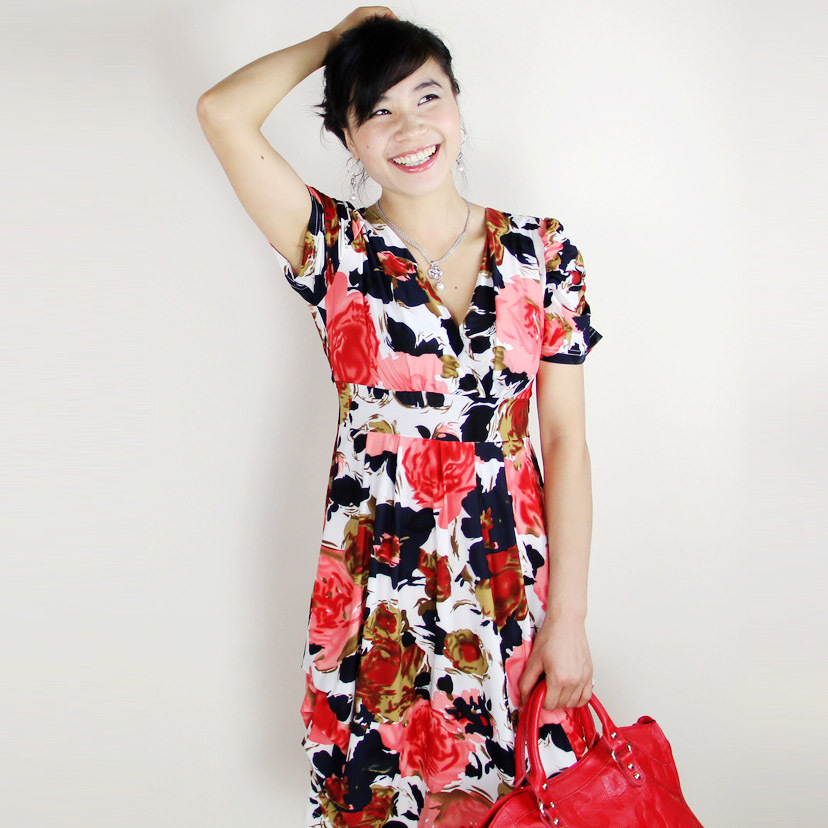 肩 冰丝V领高腰修身 欧式宫廷碎花连衣裙 大码