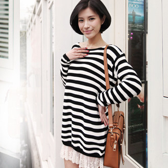 7look 7801 2012春装百搭黑白条纹假两件蕾丝花边下摆<span class=H>针织</span><span class=H>衫</span>